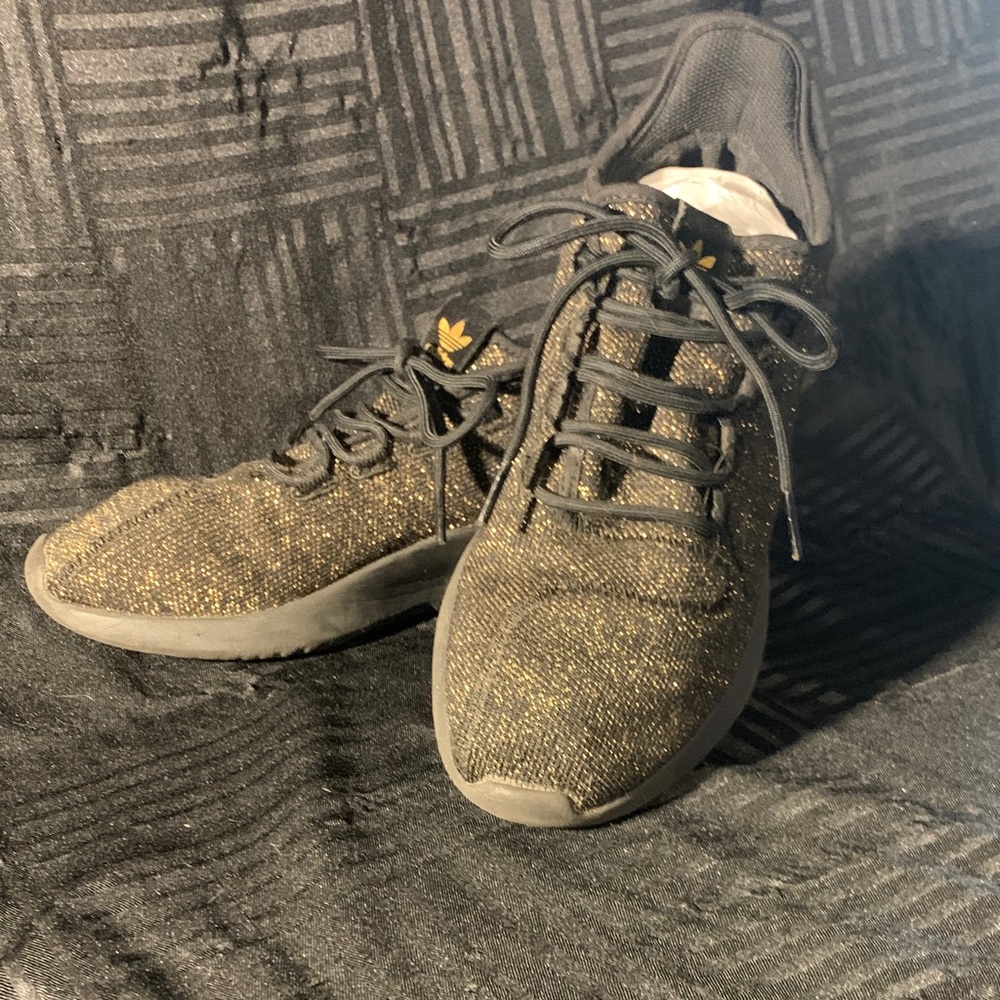 Adidas Woman’s Tubular Shadow Black and Gold Glitter Knit Sneakers